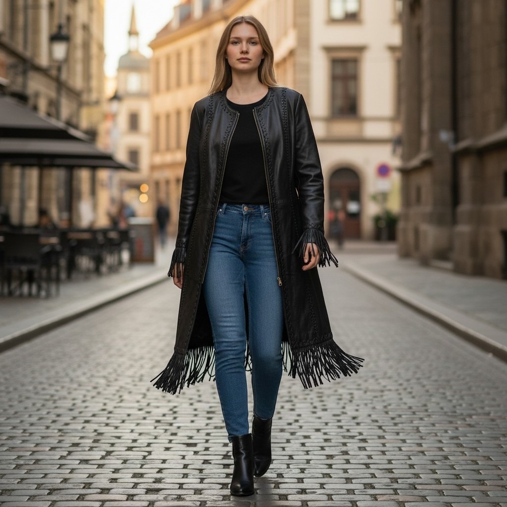 Double D Ranch  Coat Women's Medium Black Leather Fringe Whipstitch Zip